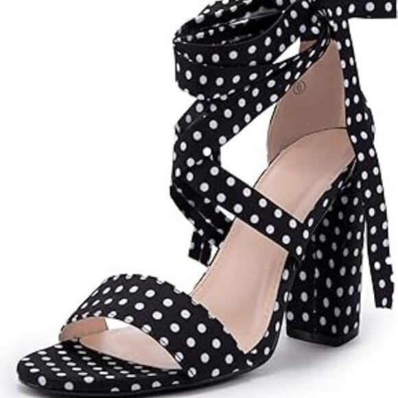 Black & White Polka Dot Ankle/Calf Tie 4" Block Heel Sandals Women's Size 6.5 - Picture 1 of 8